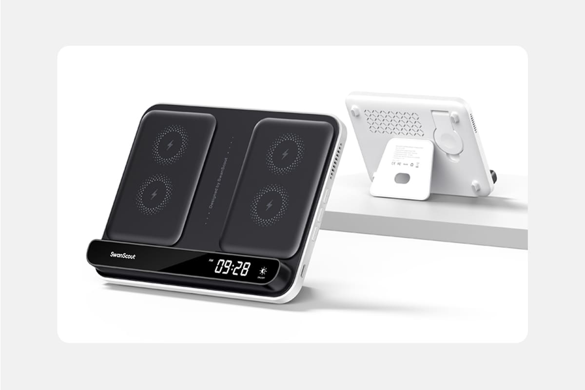 Elegant black and white two-tone design of the SwanScout 710A charging station