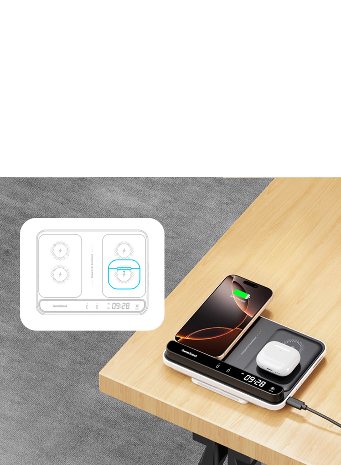 Flat design for horizontal phone charging with an earbud charging area on the SwanScout 710A