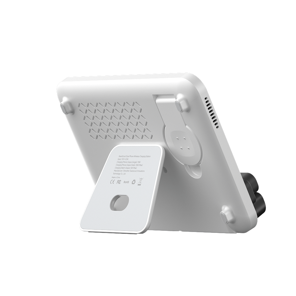 Rear-right view of the foldable SwanScout 710FG2, designed for compact travel and featuring a dedicated charging dock for Pixel Watch 3/2