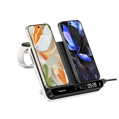SwanScout 710G2 dual charging station powering a Google Pixel 9 Pro XL and Pixel Watch 3 with a touch-control clock display