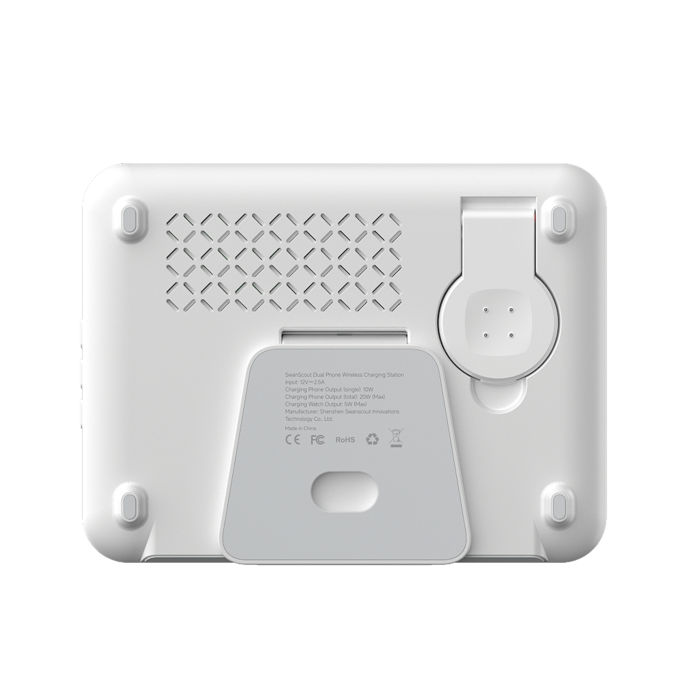 Back view of the unfolded SwanScout 710G2, demonstrating the clean black-and-white body design and organized multi-device power solution