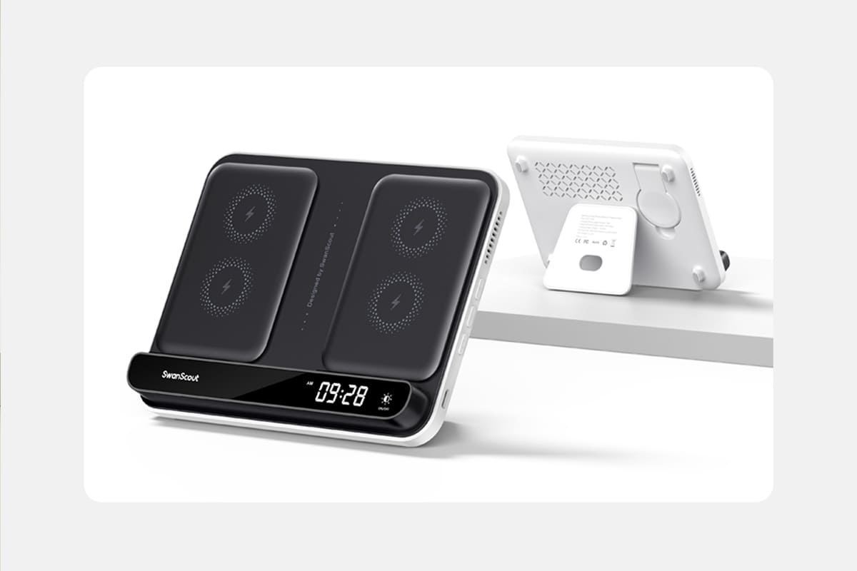 Black and white two-tone design of the SwanScout 710S wireless charging station