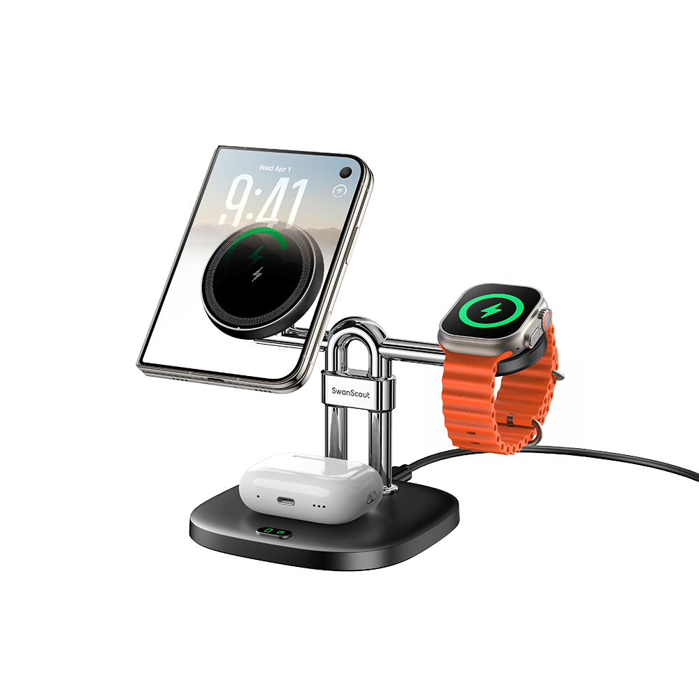 3-in-1 magnetic charging station holding iPhone Duo and Apple Watch SwanScout 712M