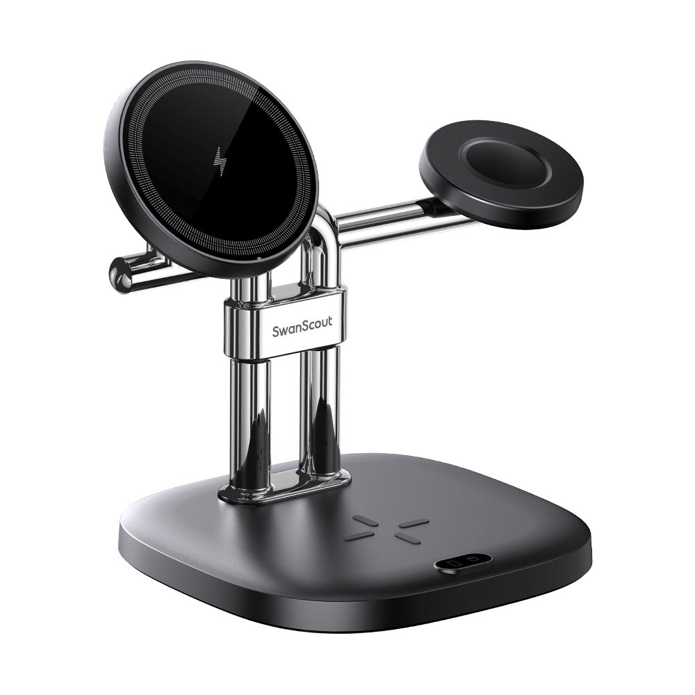 SwanScout 712SM front-left view highlighting the 3W fast charging dock, which powers a Galaxy Watch 7 to 80% in 80 minutes and Watch Ultra in 135 minutes
