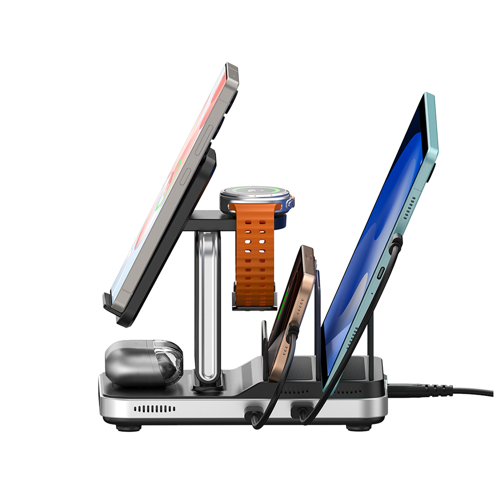 SwanScout 901S organized on a study desk, utilizing its dual 20W wired ports and wireless spots to power a full suite of Samsung devices