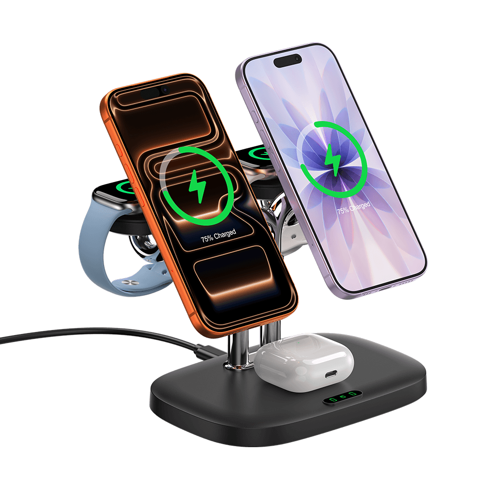 SwanScout 902M 5-in-1 wireless charging station for Apple devices, with MagSafe compatibility and multiple charging pads.