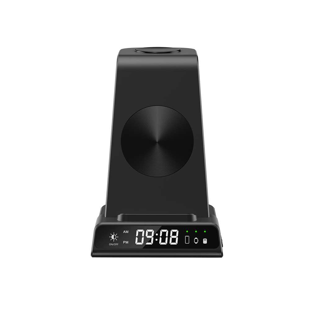 Front view of SwanScout C01 showcasing the built-in dimmable digital clock with 12/24-hour formats and four adjustable brightness levels