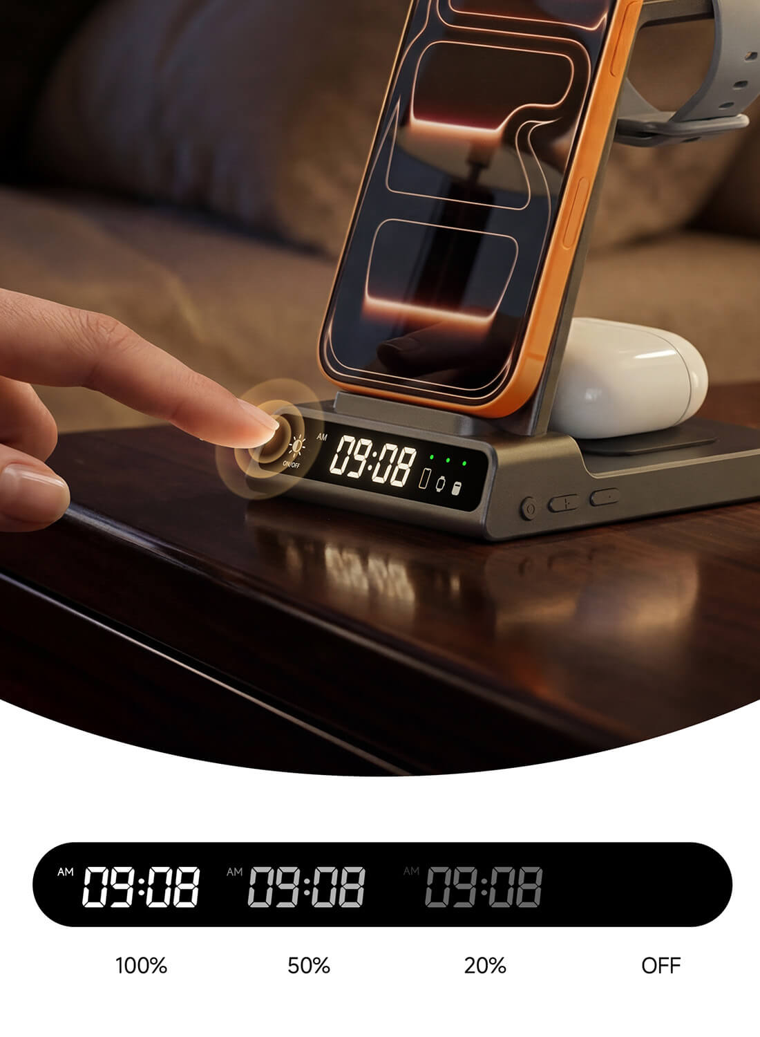 SwanScout C01FB 3-in-1 charger adjustable clock display brightness for sleep friendly bedside use