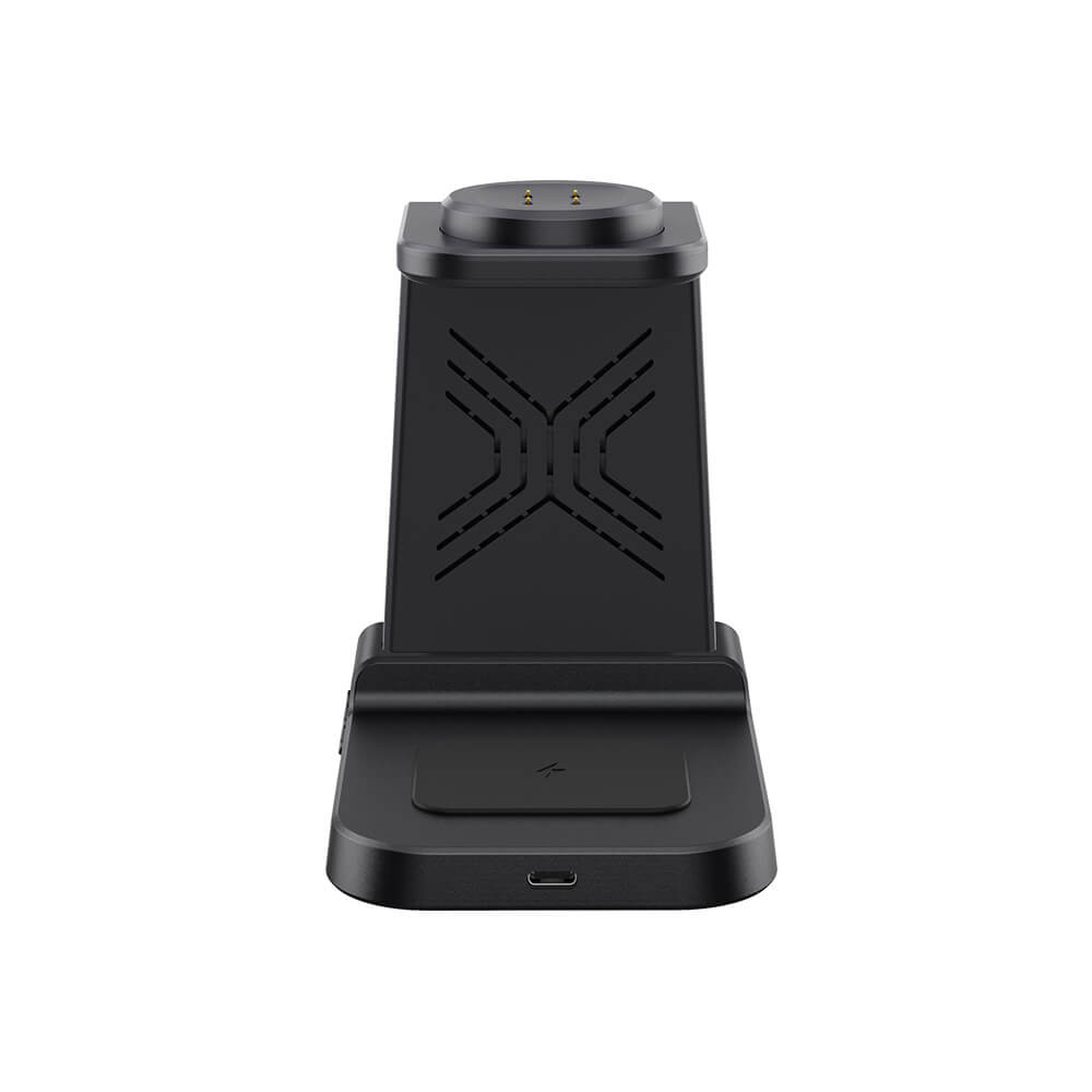 SwanScout C01FB 3-in-1 wireless charger stand for Fitbit watch, back view showing heat dissipation vents and sleek design