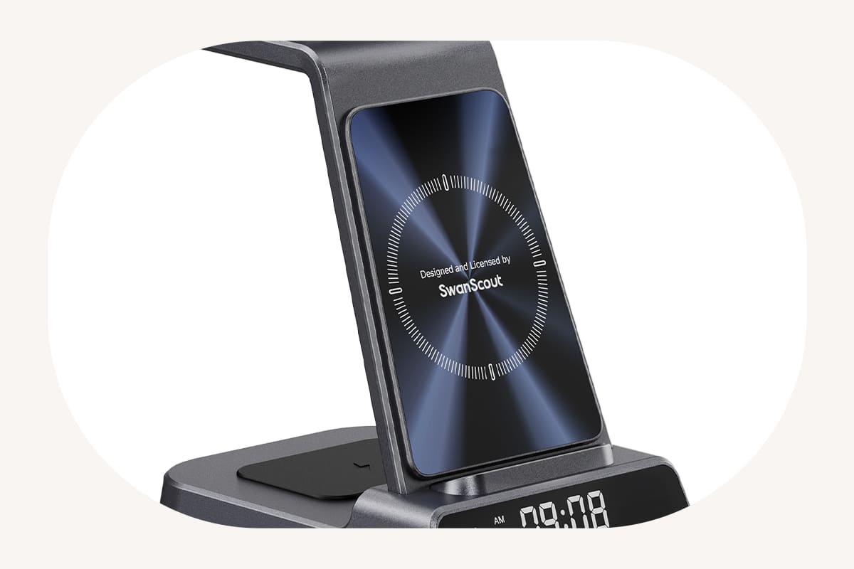 Garmin charging station with wireless phone charging pad and digital clock close up SwanScout C01GM