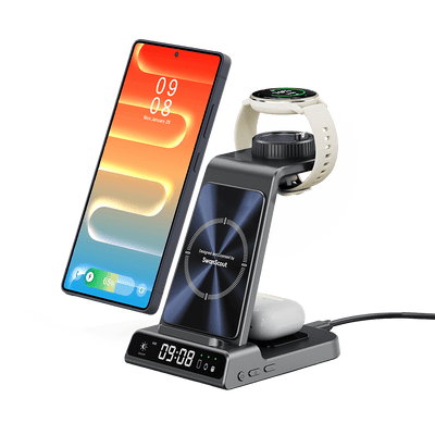 SwanScout C01GM dock charging a Garmin watch, a phone and earbuds at the same time