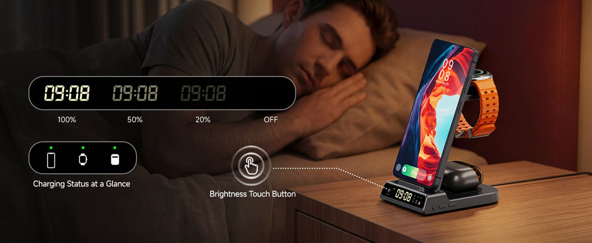 Touch button adjusts clock brightness on SwanScout C01S bedside charger
