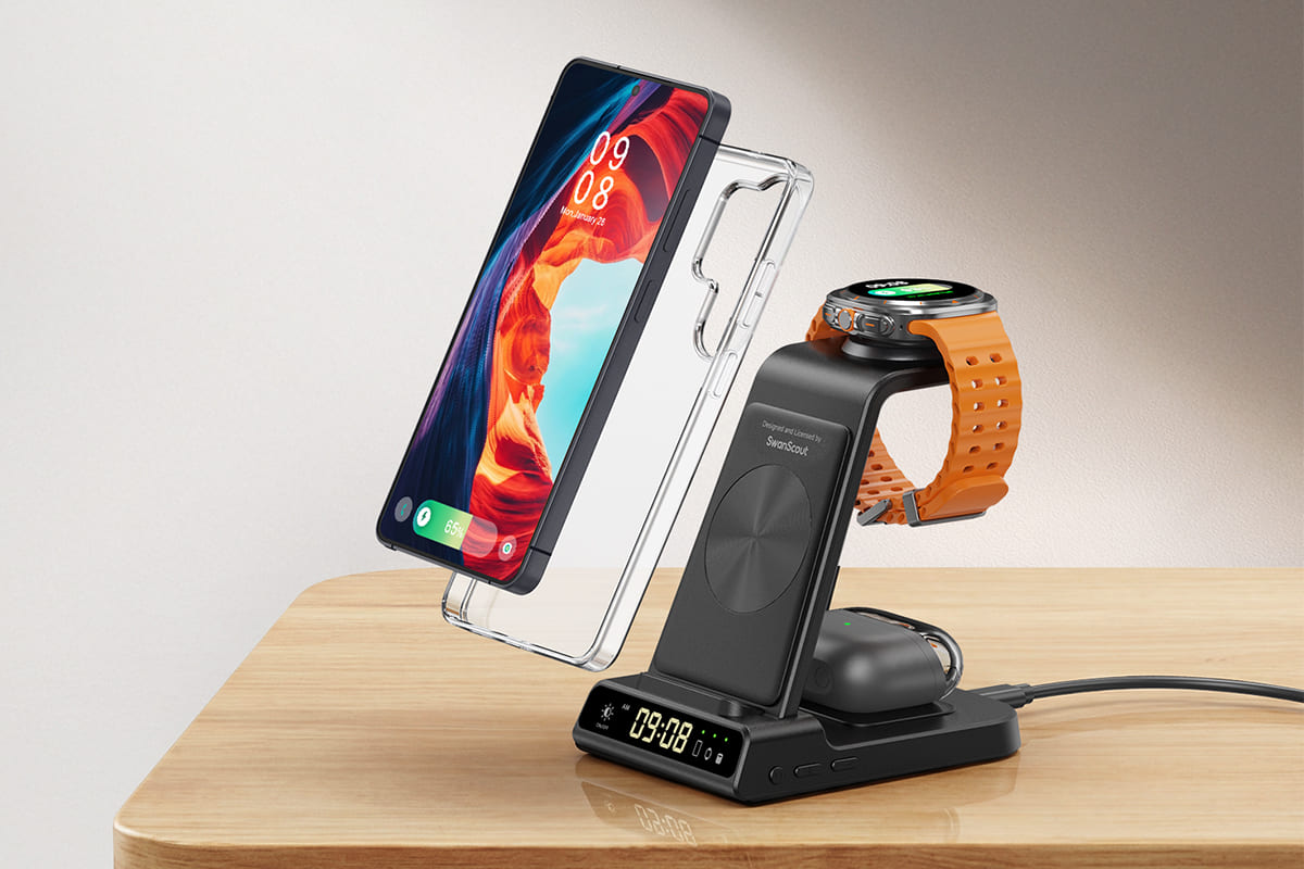 Phone in clear case charging alongside watch and earbuds on SwanScout C01S