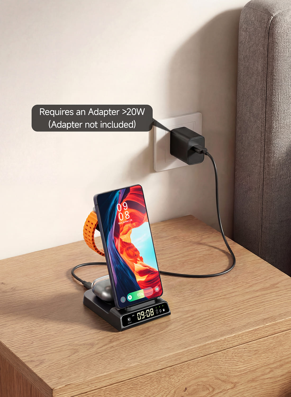 Adapter requirement note for SwanScout C01S charging stand on nightstand