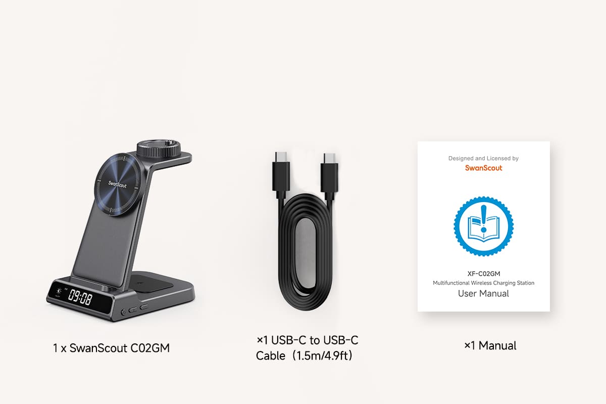 Package contents with charger, charging cable and user manual for SwanScout C02GM