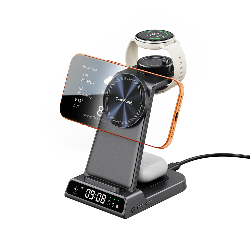 3-in-1 charging station with Garmin watch, magnetic horizontal phone charging and earbuds SwanScout C02GM