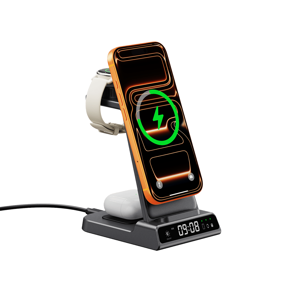 3-in-1 charging station with Garmin watch, magnetic vertical phone charging and earbuds SwanScout C02GM