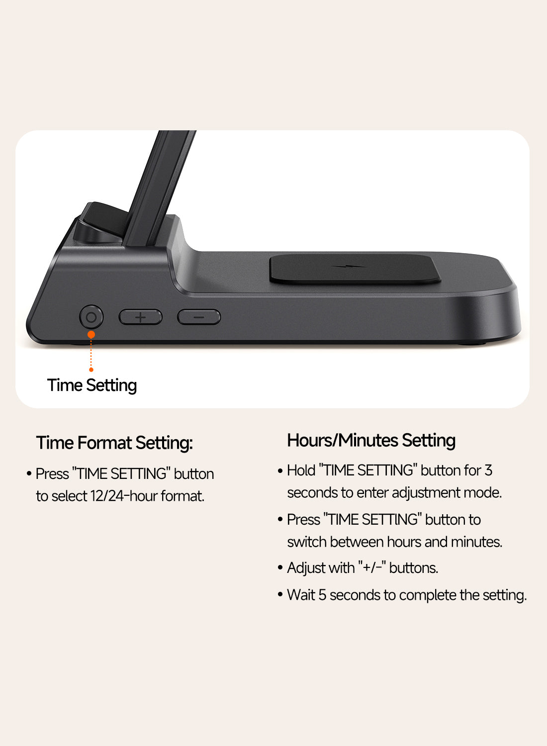 Wireless charging station clock display time setting 12/24 hour mode adjustment steps bedside charger SwanScout C02M