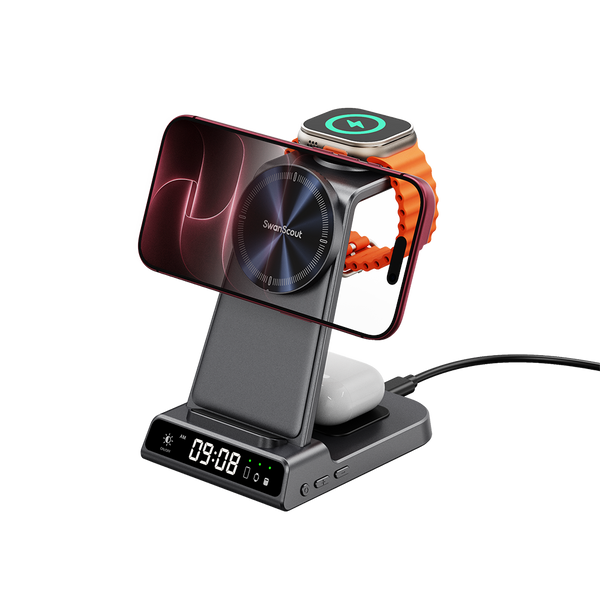 Apple wireless charger holding iPhone 18 Pro horizontally and Apple Watch SwanScout C02M