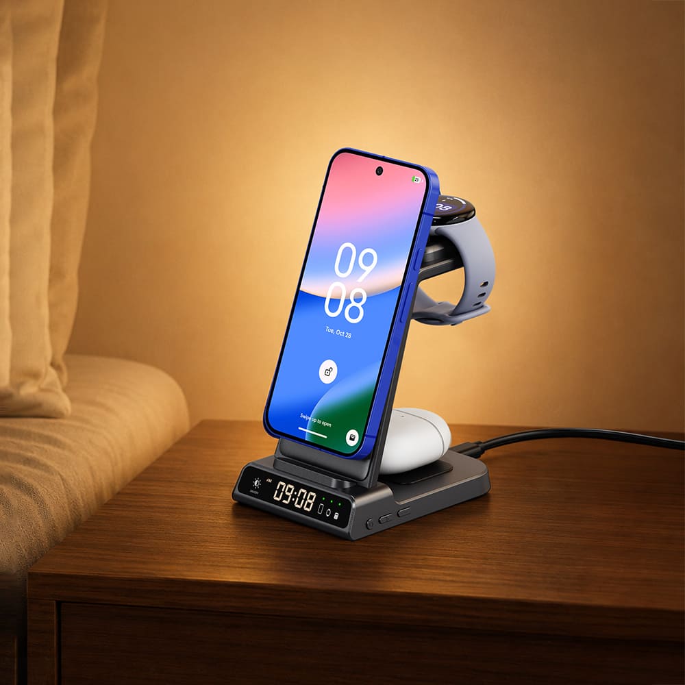 3 in 1 Pixel charging station with digital clock on a nightstand SwanScout C02MG4