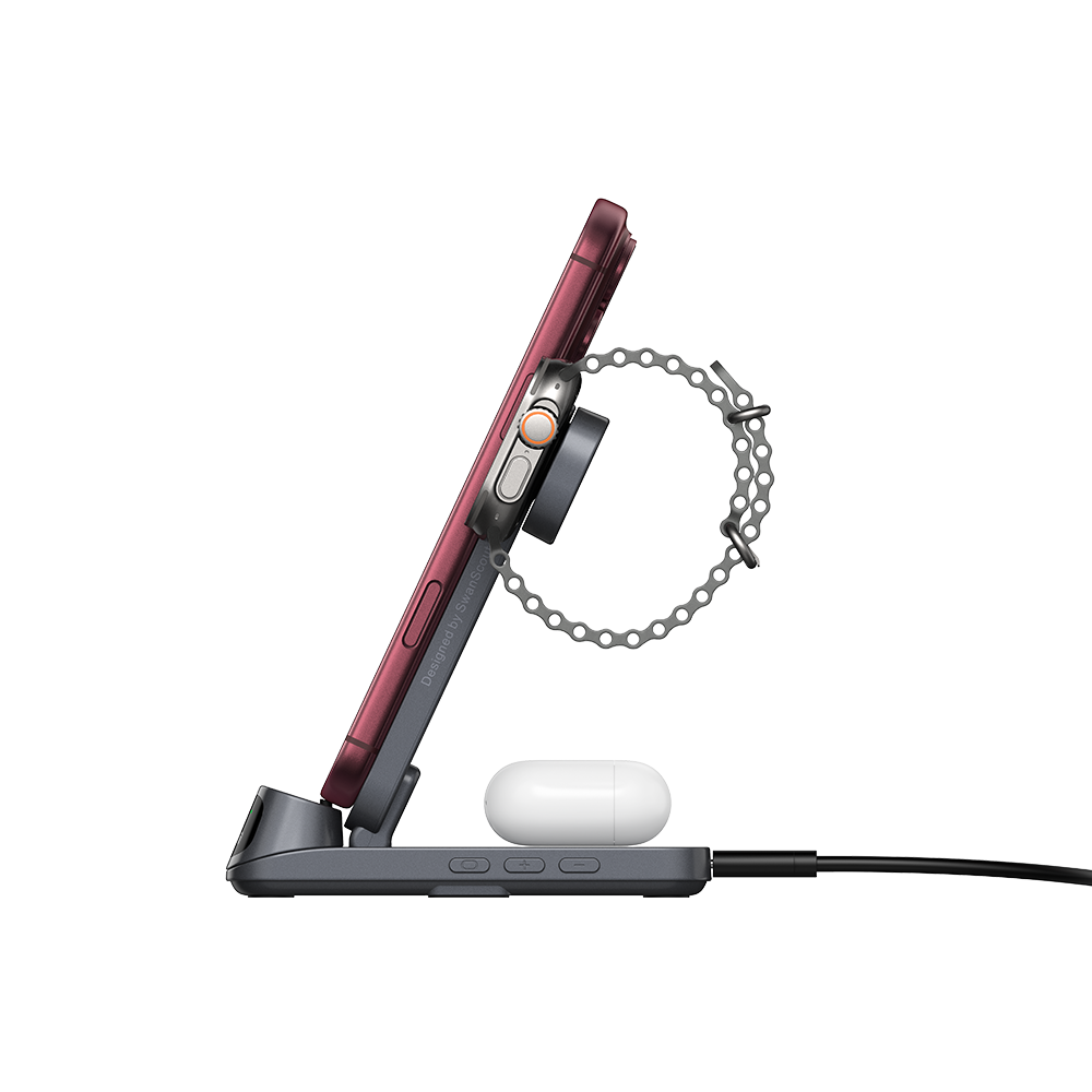 3 in 1 wireless charger powering two iPhone 18 Pro phones earbuds and watch with SwanScout S10025A