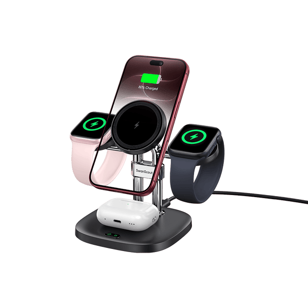 Wireless car charger powering iPhone 18 Pro earbuds and two watches with SwanScout S10029M