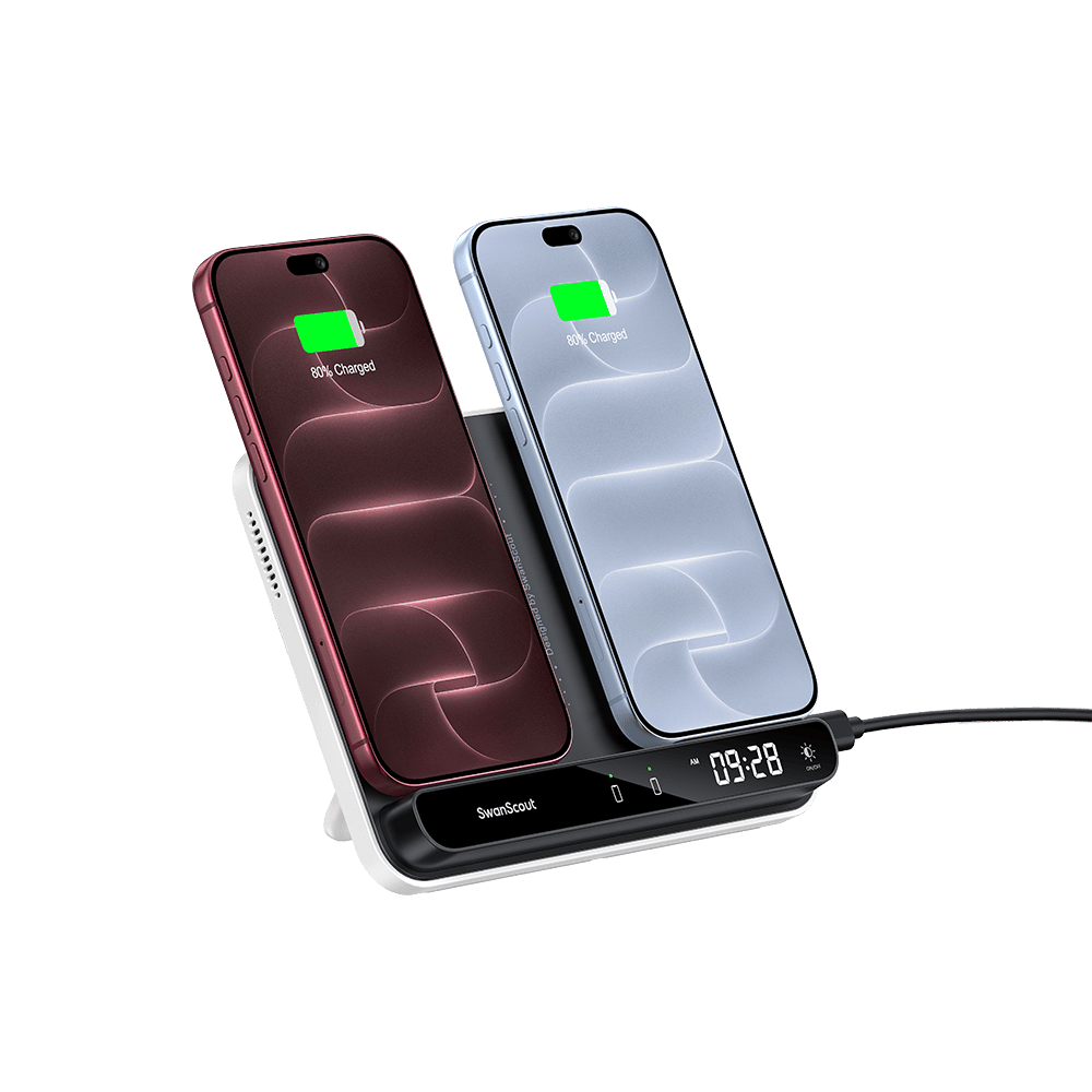 Wireless car charger powering two smartphones with SwanScout S10031