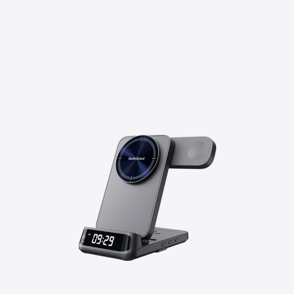 SwanScout 708M | 3-in-1 wireless charger with clock display, blending functionality and elegance for streamlined daily charging.
